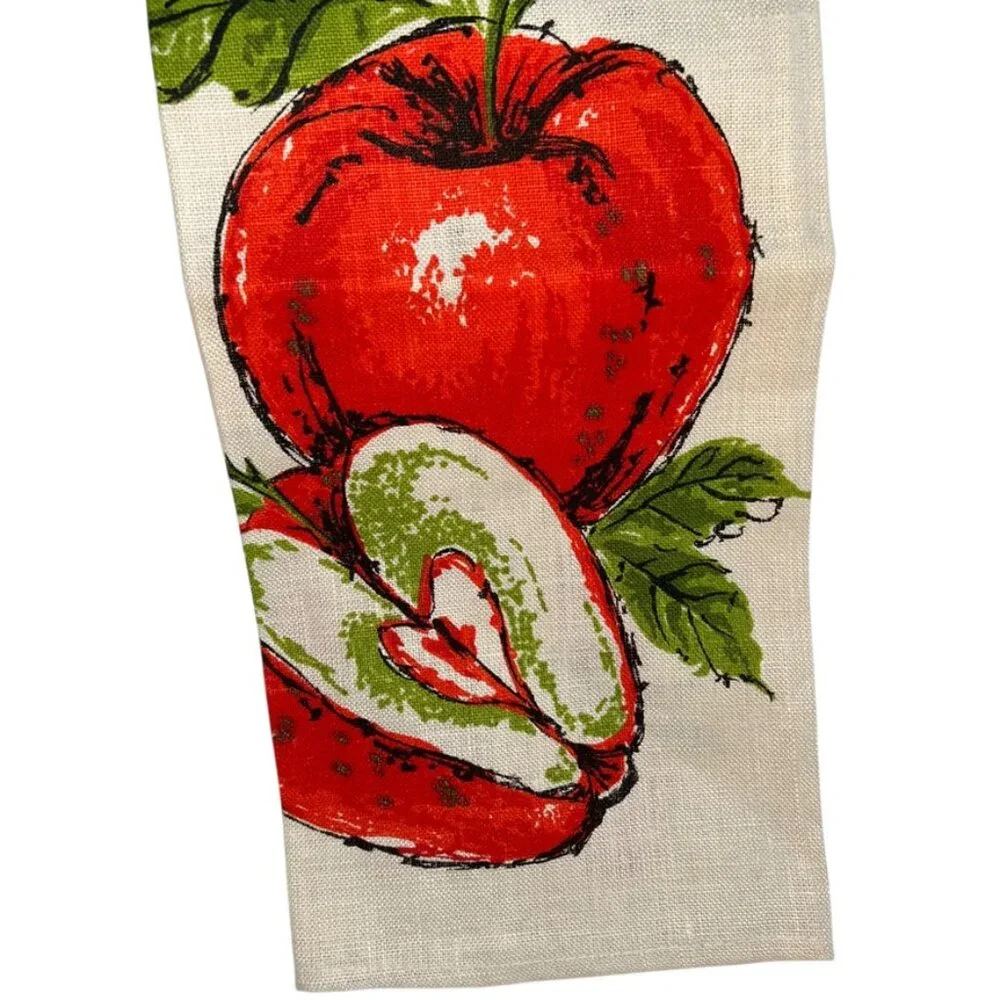 Vintage LINEN NEW red apple pieces tea dish towel